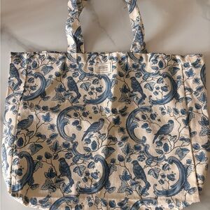 Sezane Blue and Cream Bird Pattern Tote